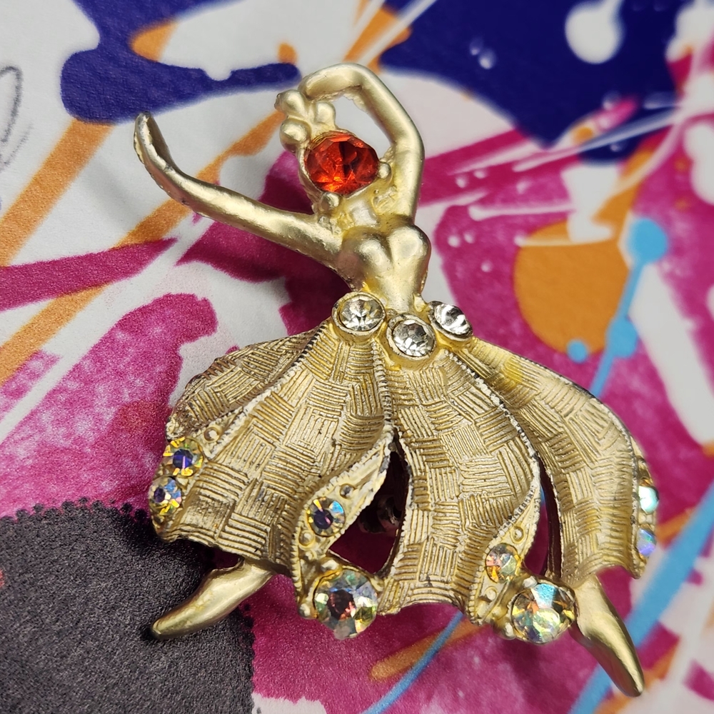 Vintage Ballerina Brooch With Aurora Borealis And Clear Rhinestones - Picture 3 of 3